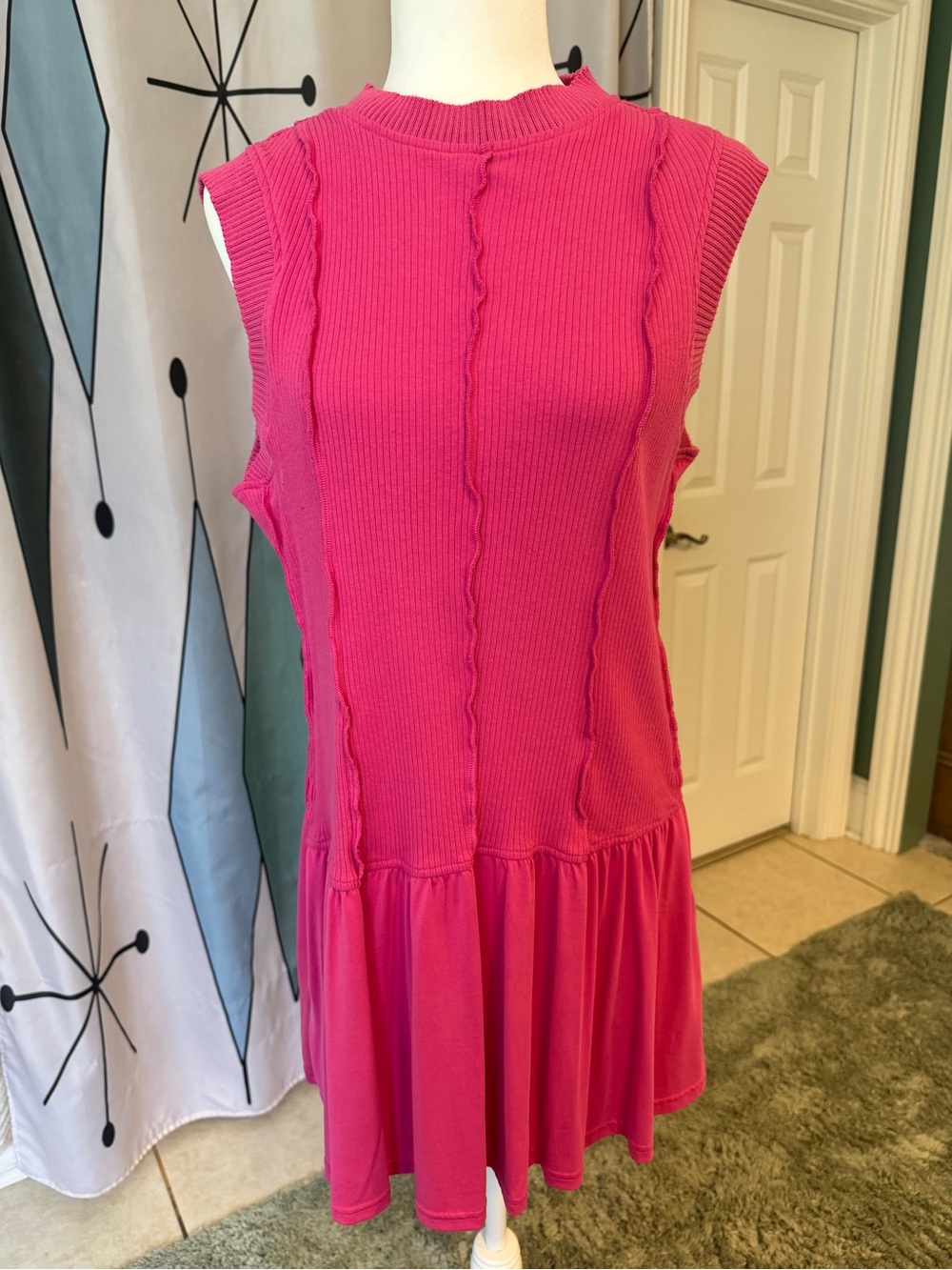 Anthropologie Hot Pink Ribbed Sleeveless Drop-Waist Mini Dress